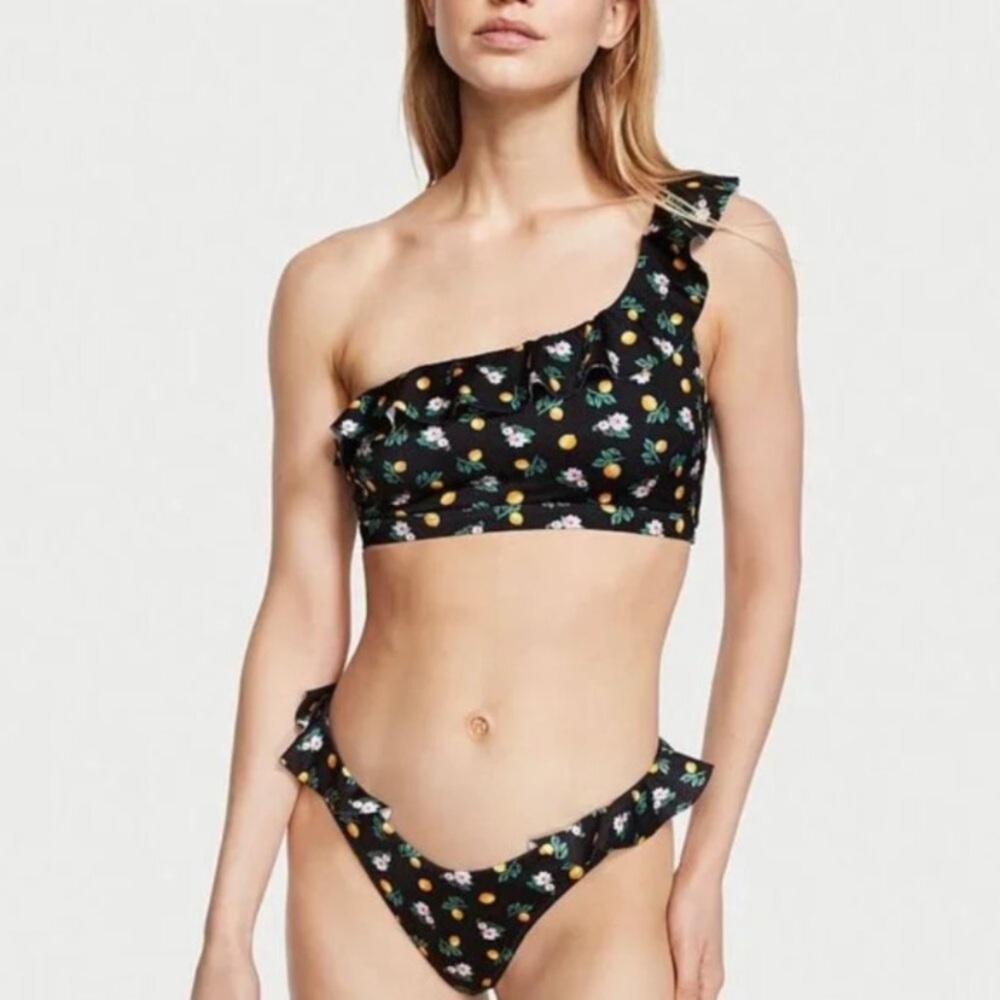 Victoria’s Secret one shoulder, lemon, and floral ruffle bikini